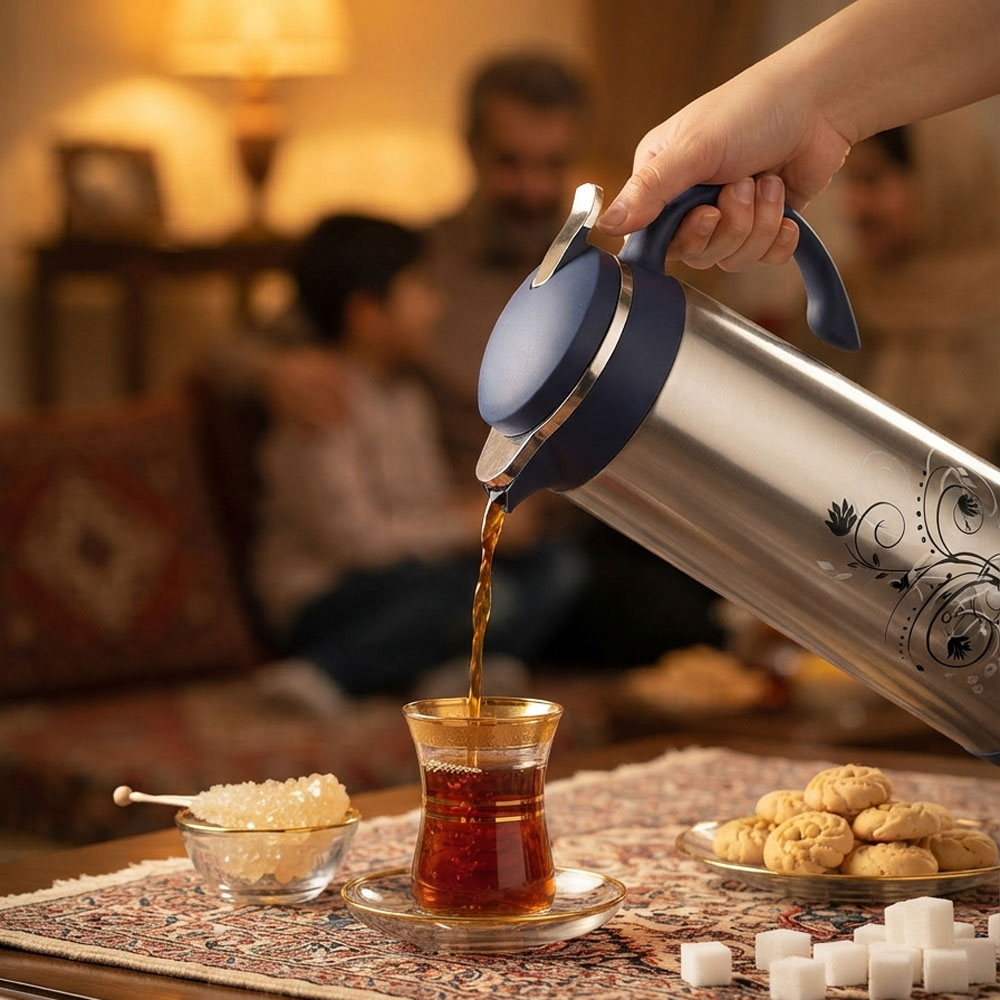  فلاسک استیل طرح‌دار سرمه‌ای برند ماکسیمان Maximan کد L102 ( شیشه صورتی ) 