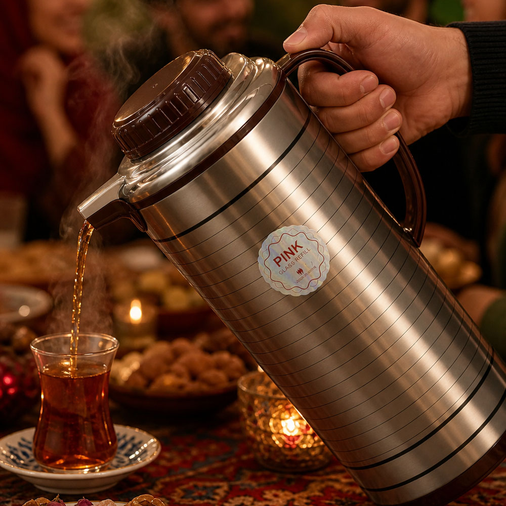فلاسک استیل نقره ای و قهوه ای برند ماکسیمان (شیشه صورتی ) کد 105