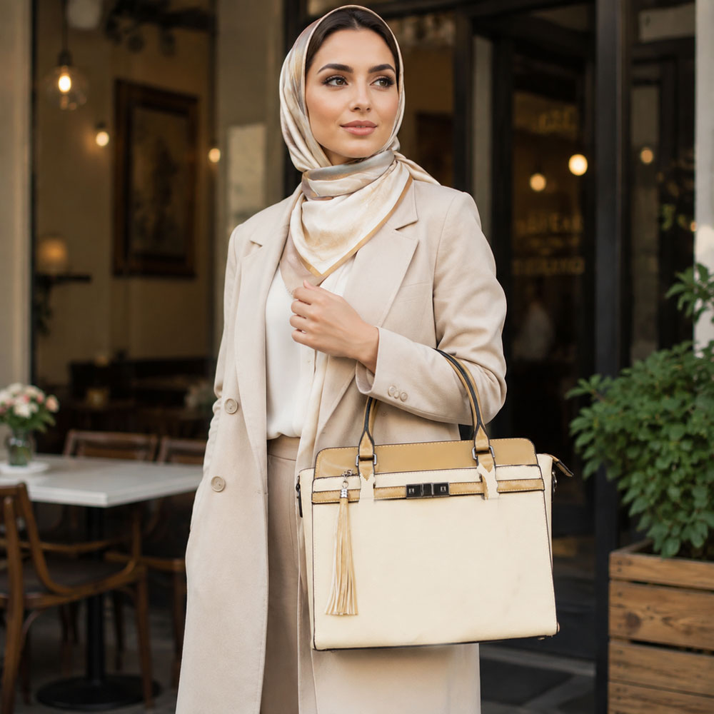 کیف دستی زنانه کرم و عسلی مدل دو رنگ با بند بلند
